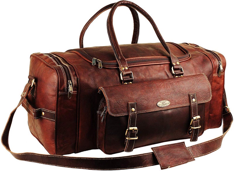 HULSH Menâ€™s Gym Sports Overnight Weekender Bag Leather Travel Bags For Men Vintage Leather Duffle Bag Women Carry On Travel Holdall Bag 24 Inches (24 Inch) - Image 1